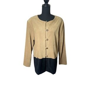 R&K Original Jacket Womens 14 Beige Black Stretch Round Neck Long Sleeve Classic
